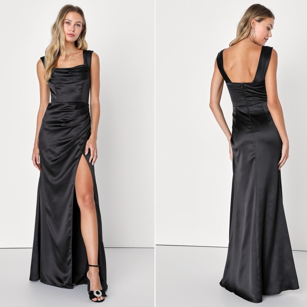NWT | Lulus | Stunning Arrival Black Satin Off-The-Shoulder Maxi Dress | Sz S